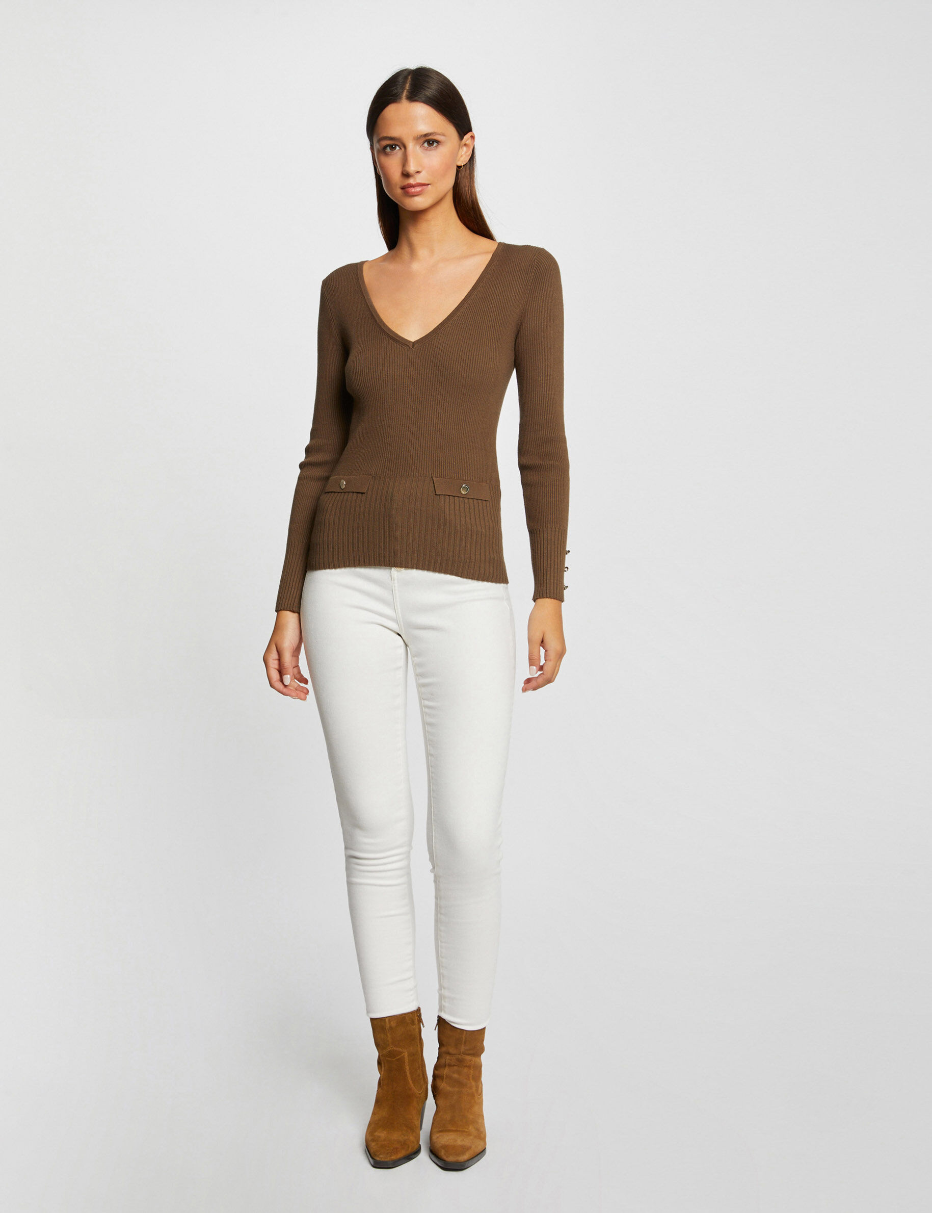 Pull manches longues côtelé à col en V vert moyen femme - vert_moyen