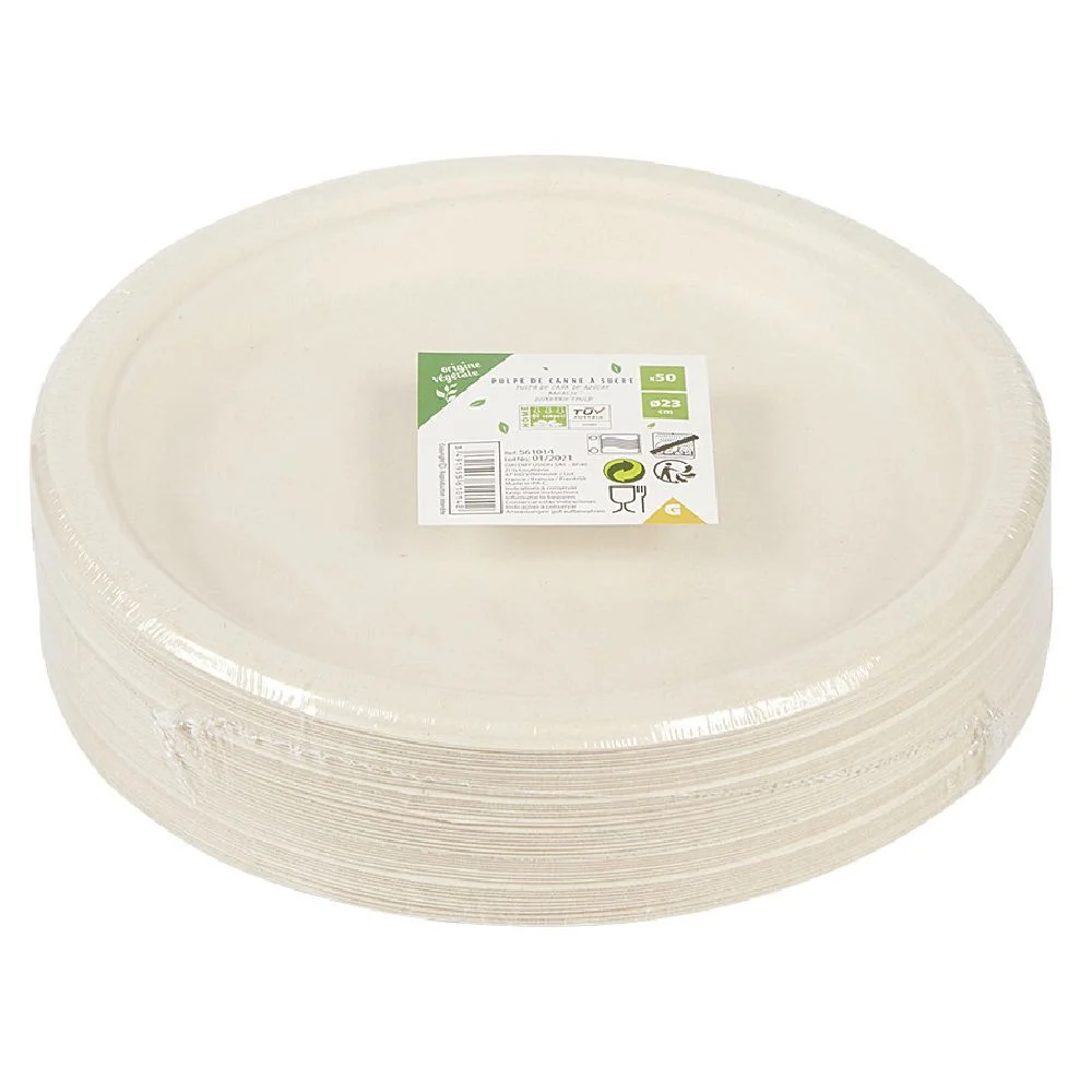 Lot de 50 assiettes plates rondes jetables en canne à sucre