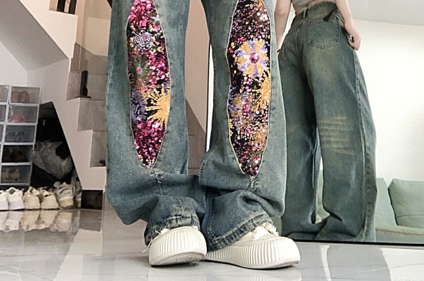 RONIN - Mid Waist Pailletten Paneel Gewassen Wijde Broek