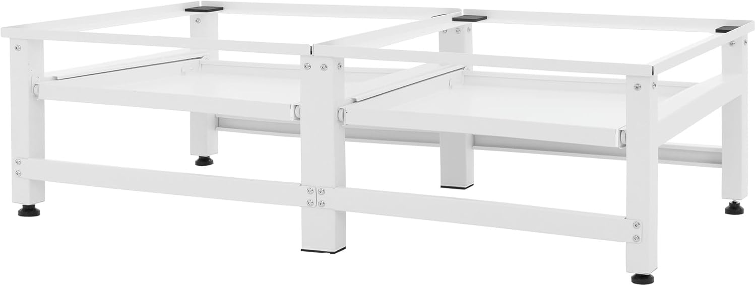 ML-Design Doppel Waschmaschinen-Untergestell mit 2 ausziehbaren Ablagen, Weiß, aus Stahl, bis 2x 150kg+10 kg, verstellbare Füße, Waschmaschinensockel 2-Fach, Doppeluntergestell Doppelpodest Erhöhung