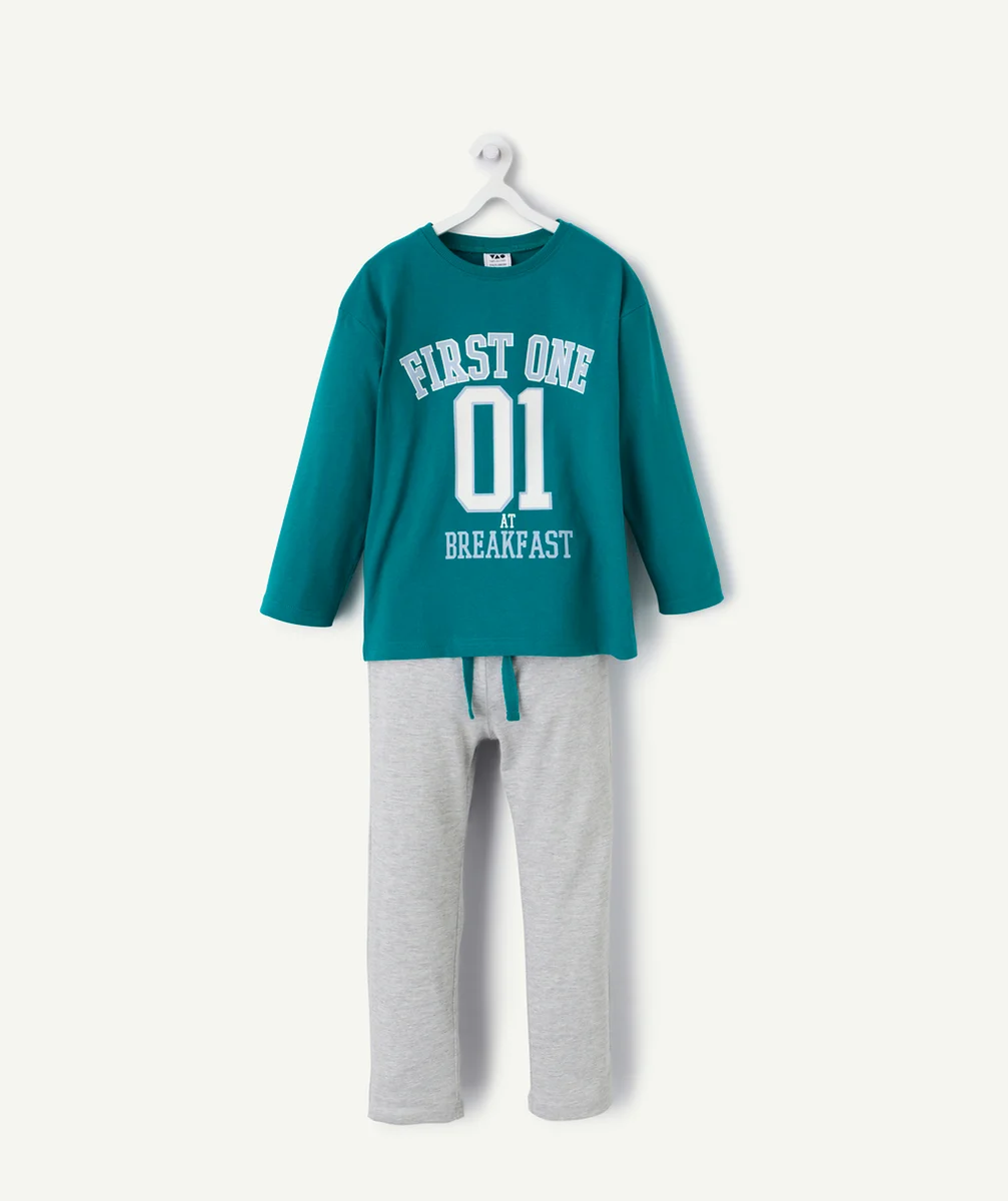 PYJAMA GARÇON EN COTON BIO VERT ET GRIS CHINÉ AVEC MESSAGES ET NUMÉROS