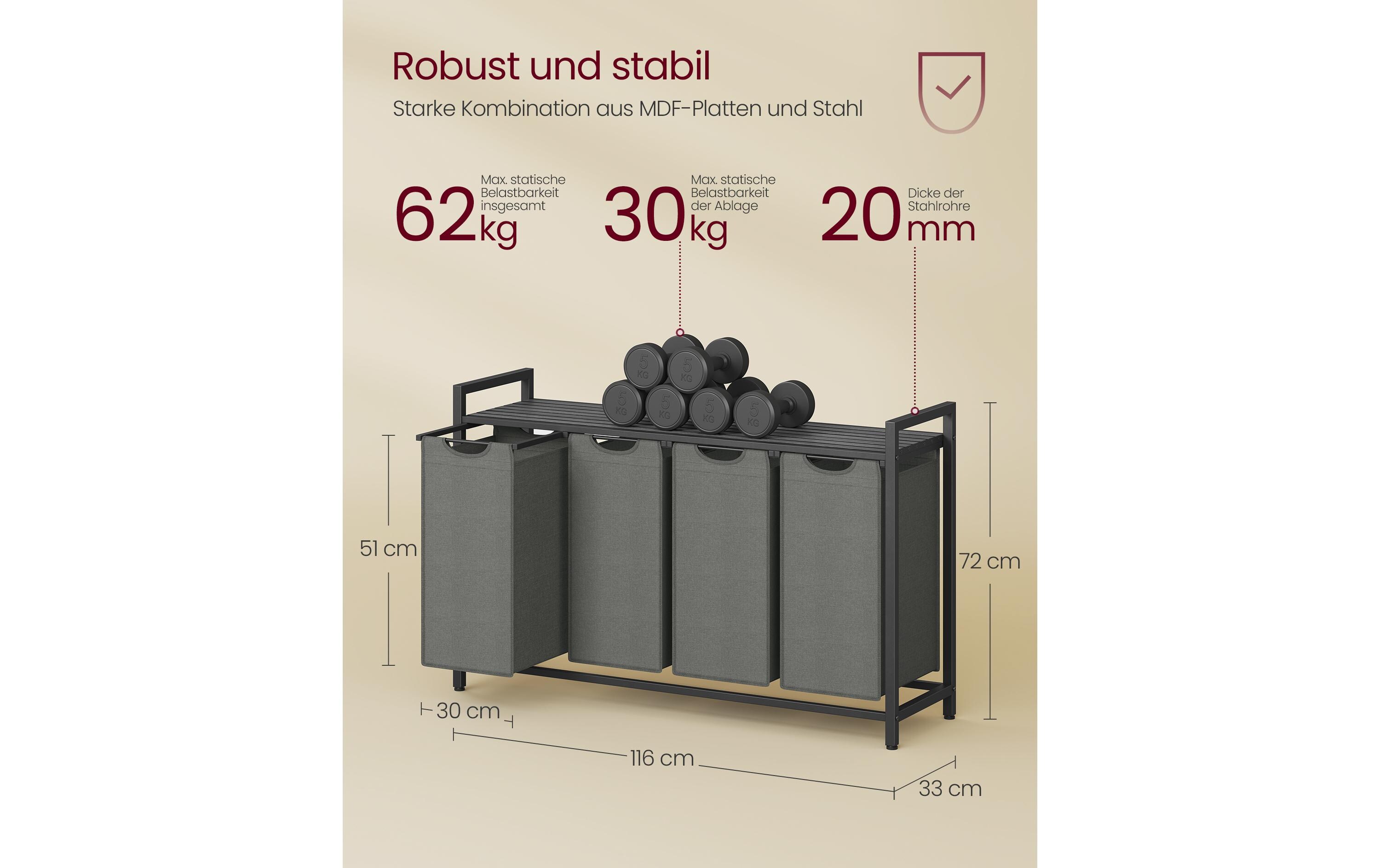 Wäschekorb mit Ablage 4 x 40 l, Grau/Schwarz<br>Wäschesammler
