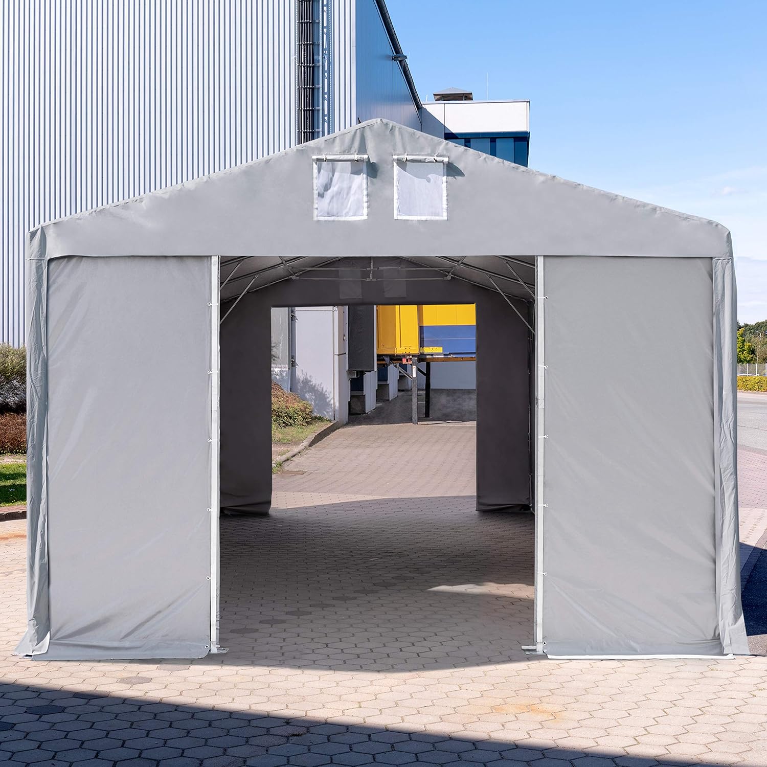 TOOLPORT Lagerzelt Industriezelt 5x8 m Zelthalle mit 3m Seitenhöhe PVC Plane 850 N grau wasserdicht Ganzjahreszelt mit Schiebetor