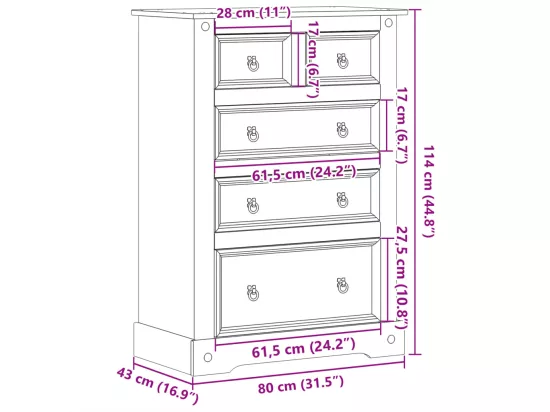 Commode Corona 80x43x114 cm bois massif de pin