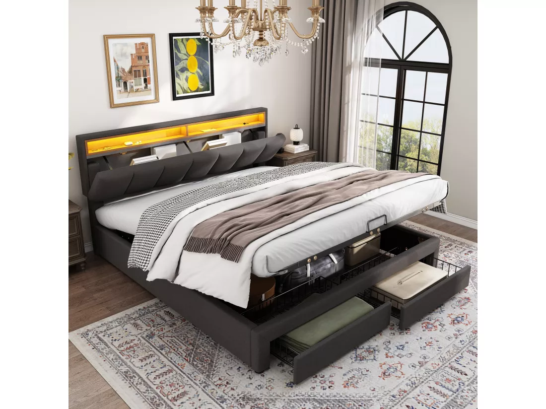 Lit coffre avec 2 tiroirs et tête de lit escamotable - 160 x 200 cm - LEDs - Acier et lin - pour audulte - Gris