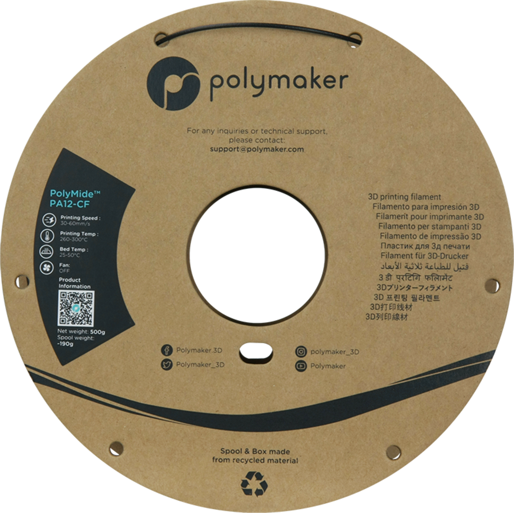 Polymaker  Polymide PA12-CF Schwarz, 1,75 mm / 500 g    Kohlefaserverstärktes Nylon-Filament