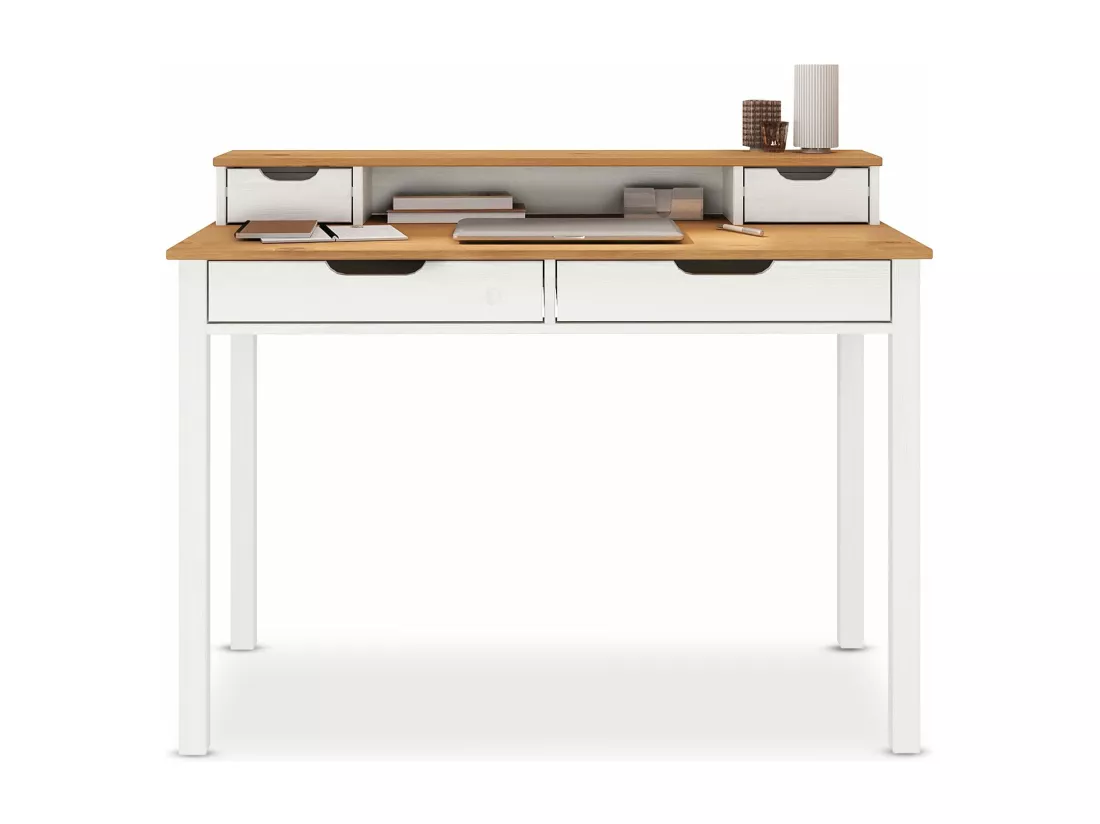 Bureau RAUL L 114 cm en bois massif coloris blanc et chêne avec quatre tiroirs et une niche réhausse écran intégrée