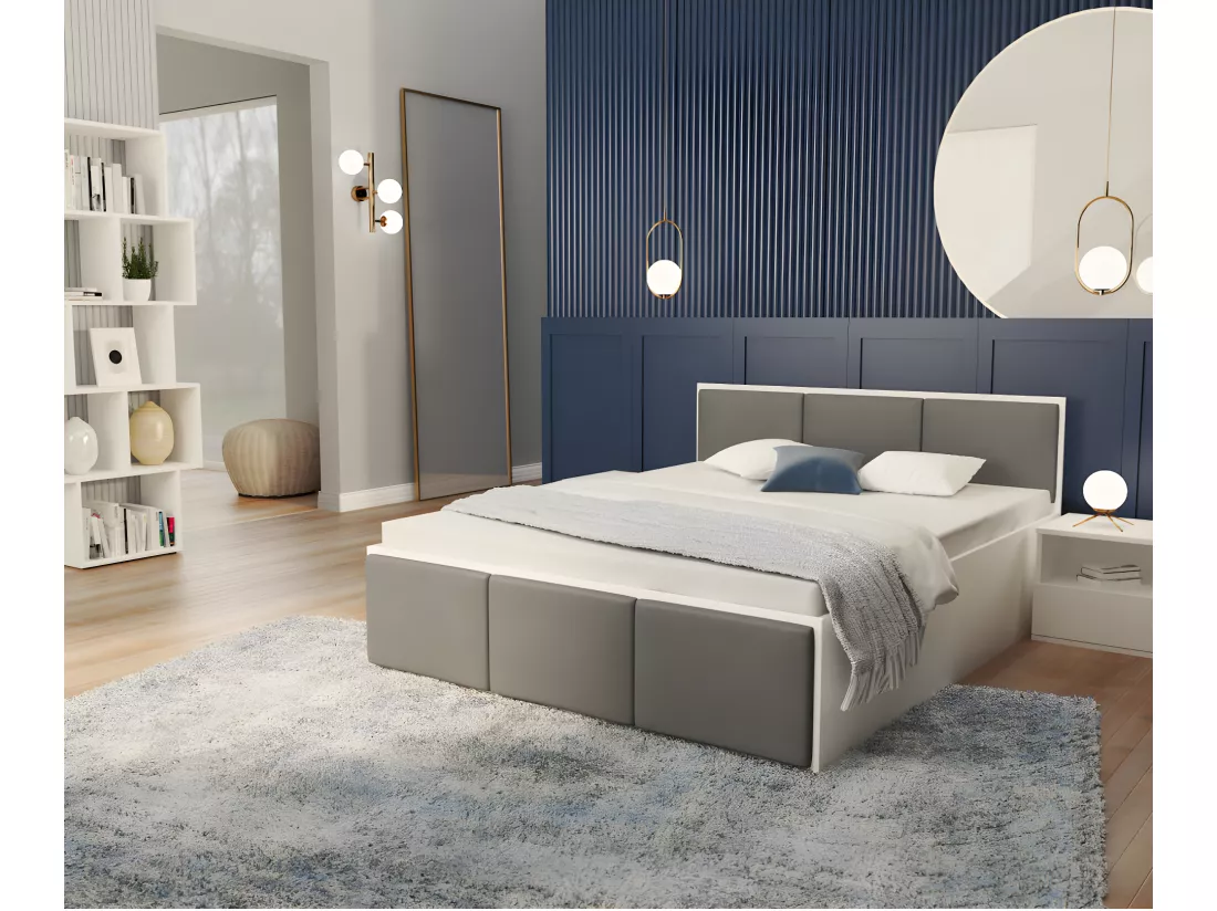 Lit Panama T 140x190 + coffre - Sommier inclus Blanc - Gris foncé