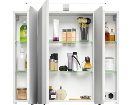 3-delige badkamermeubelset Pelipal xpressline 4005 BxHxD 92 x 200 x 49,1 cm, hoogglans witte fronten, met witte glazen wastafel en glazen wastafelmeubel, wastafelkast, spiegelkast met LED-verlichting, chromen greep, 992.0900111 9920900111