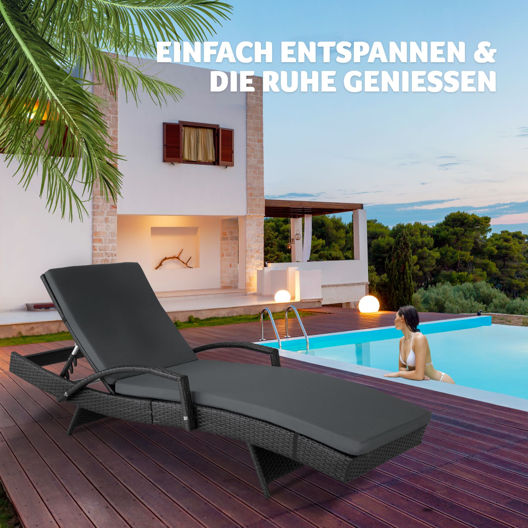 tectake® Rattan Sonnenliege, mit Aluminiumgestell, UV-beständig, 190 x 62 x 34 – 74,5 cm