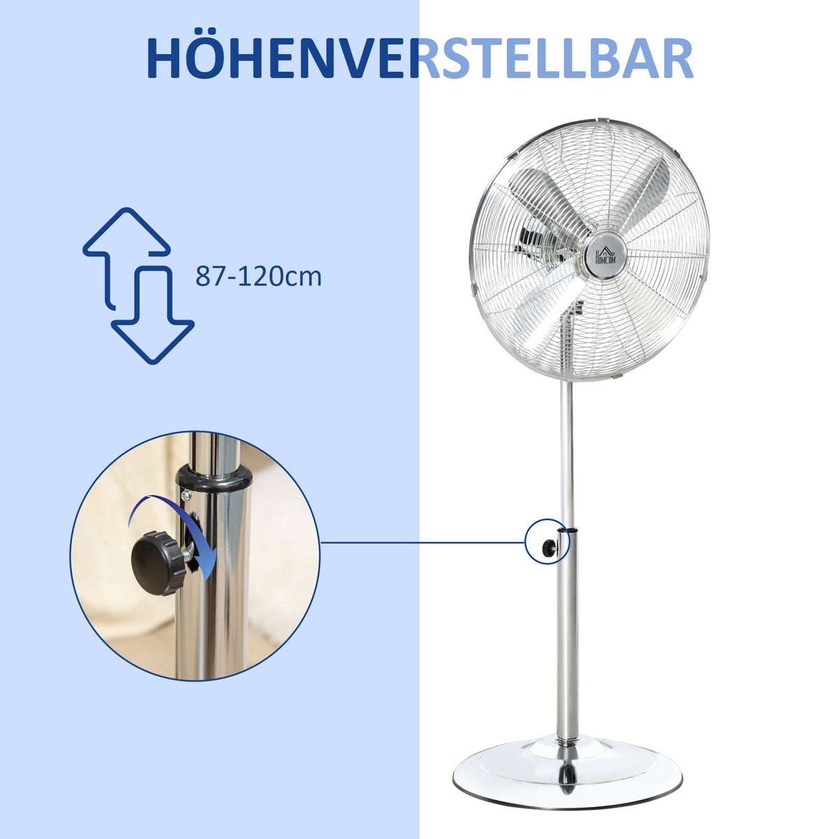 HOMCOM Staande ventilator, in hoogte verstelbaar, 3 snelheidsstanden, verstelbare kantelhoek, 44,5 cm x 44,5 cm x 87-120 cm, staal, zilver
