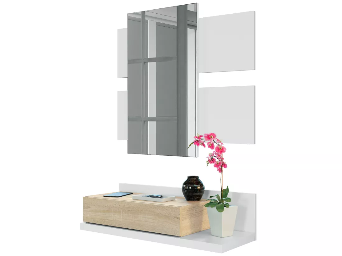 Meuble d'entrée Telma avec 1 tiroir et Miroir Blanc/Chêne, 75 cm Largeur