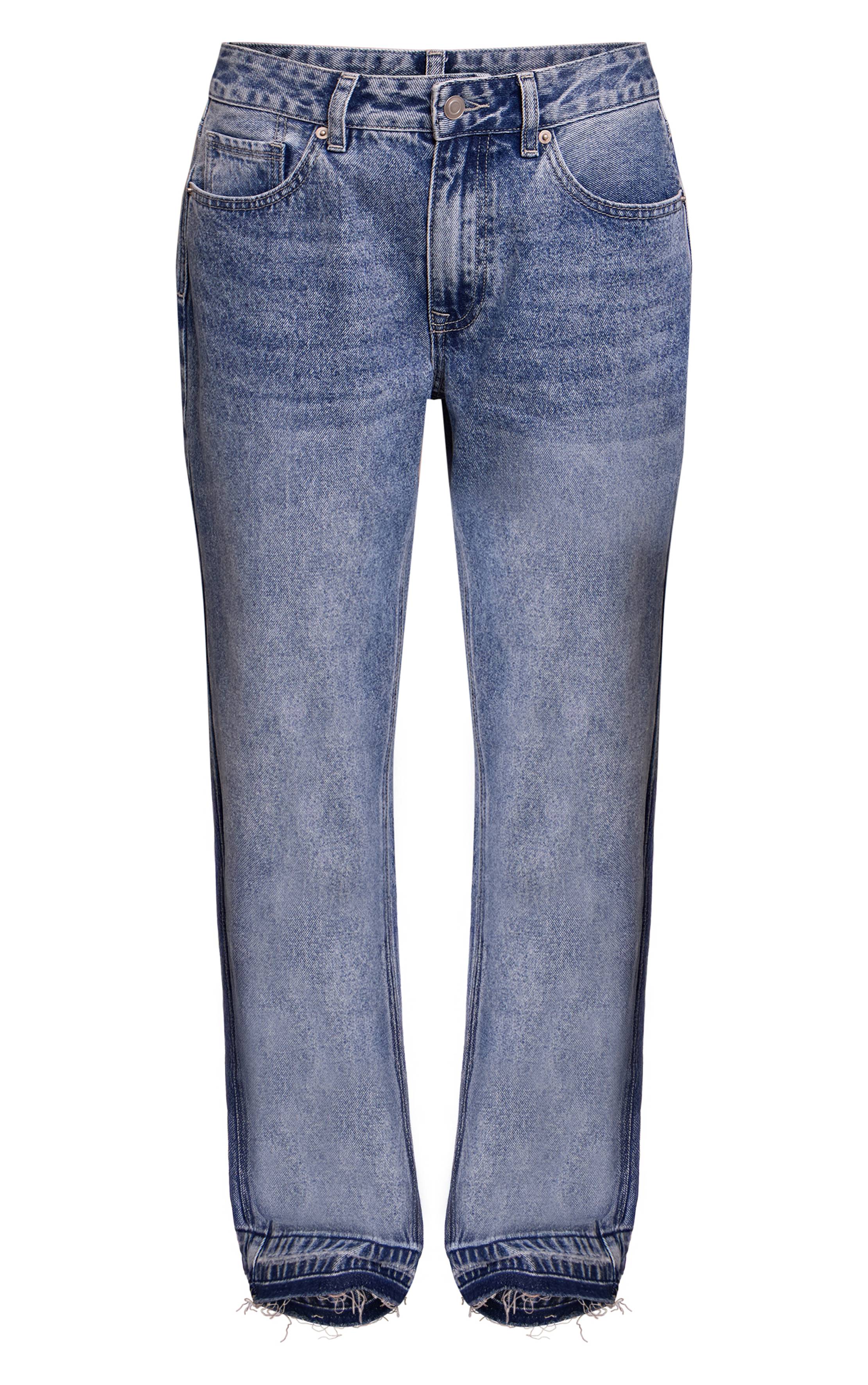 Mid Blue Wash Jean Droit Bleu Moyen À Ourlet Brut