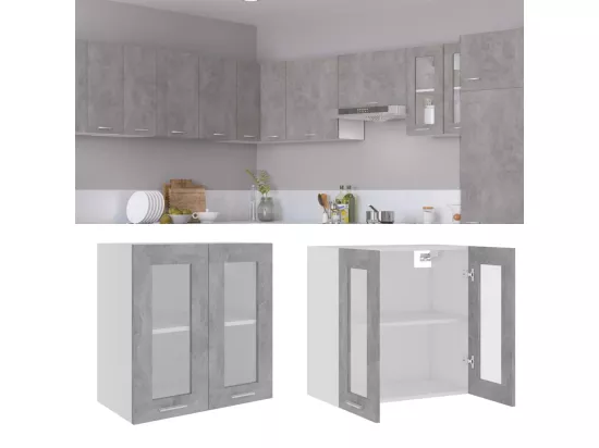 Armoire en verre suspendue Gris béton Bois d'ingénierie