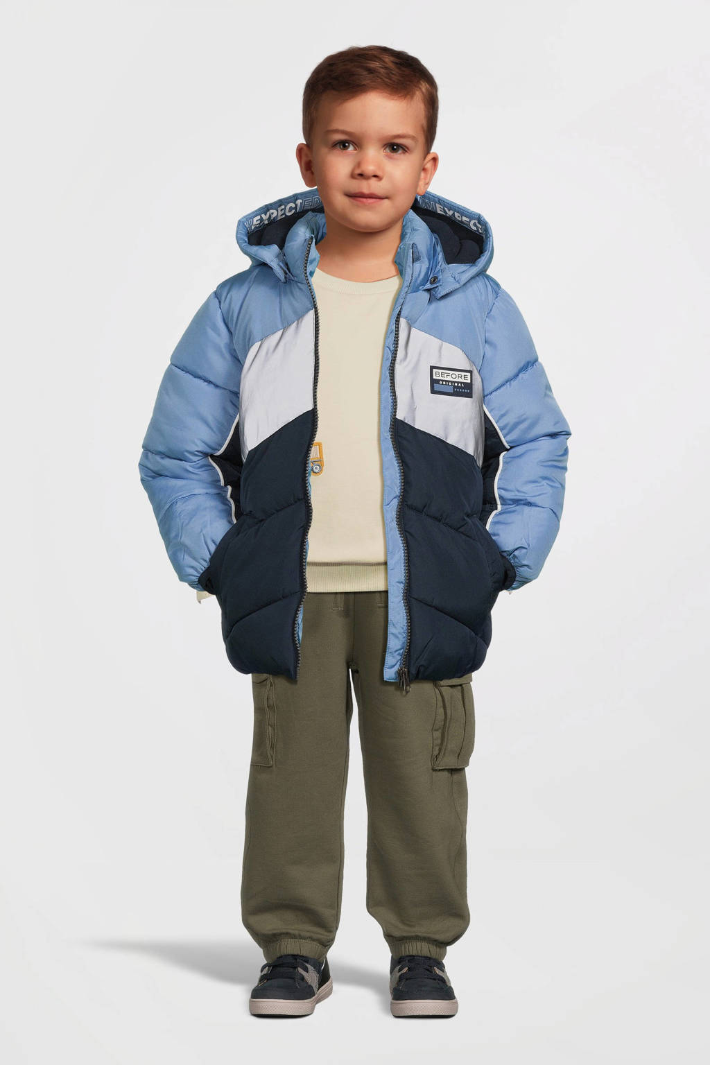 NAME IT gewatteerde winterjas NMMMAY donkerblauw/grijs/lichtblauw
