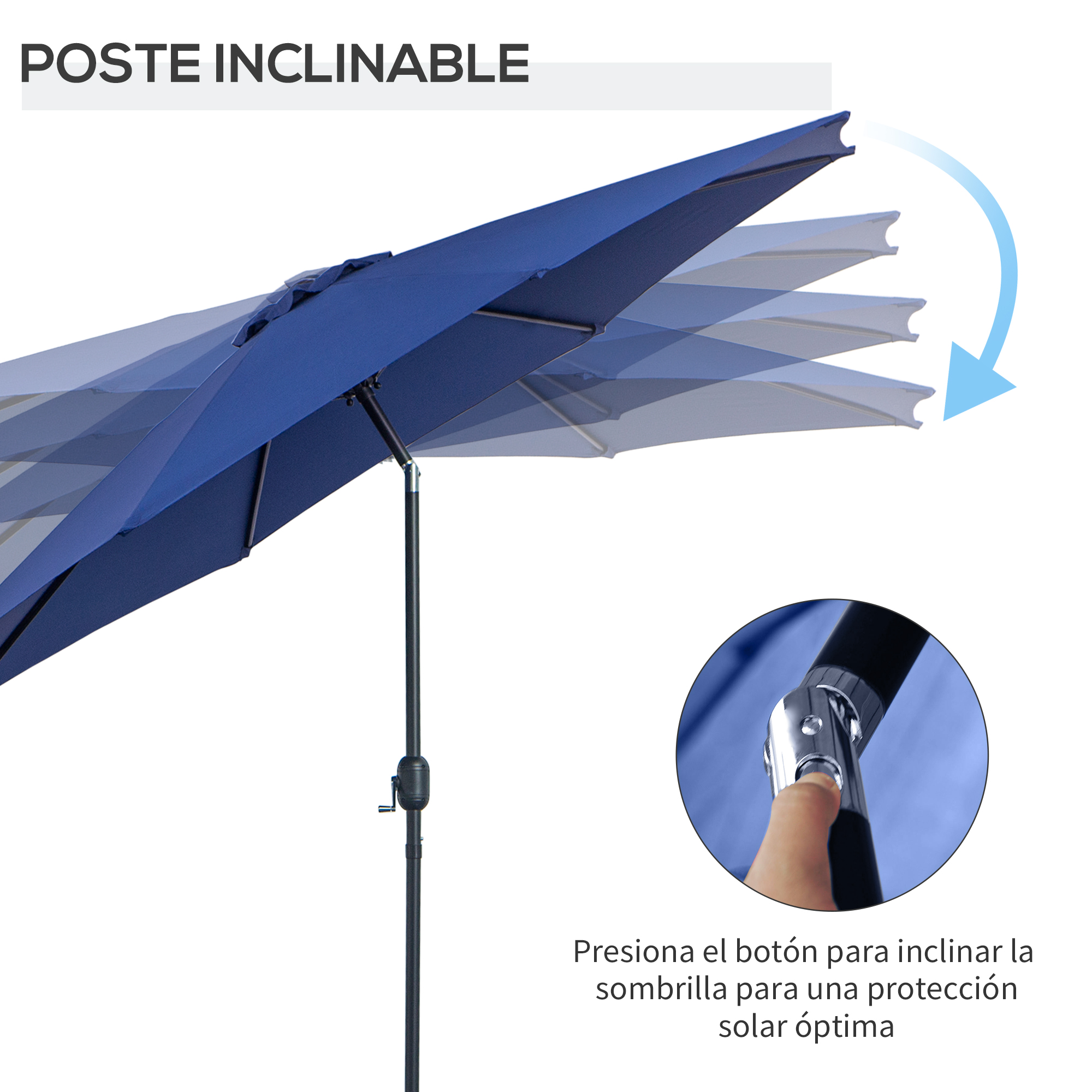 Guarda-sol de jardim Outsunny Ø295x250 cm com manivela, guarda-sol externo com mecanismo de inclinação e mastro de metal removível para terraço, piscina e pátio, azul.