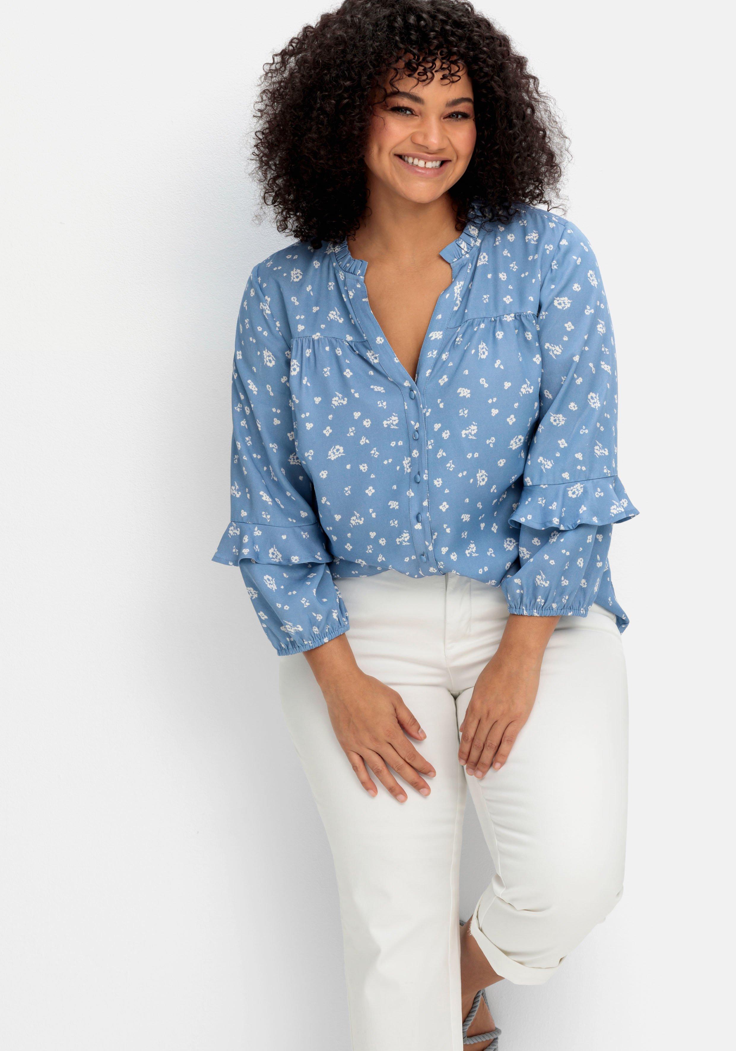 Twill-Bluse mit floralem Druck und Rüschendetails