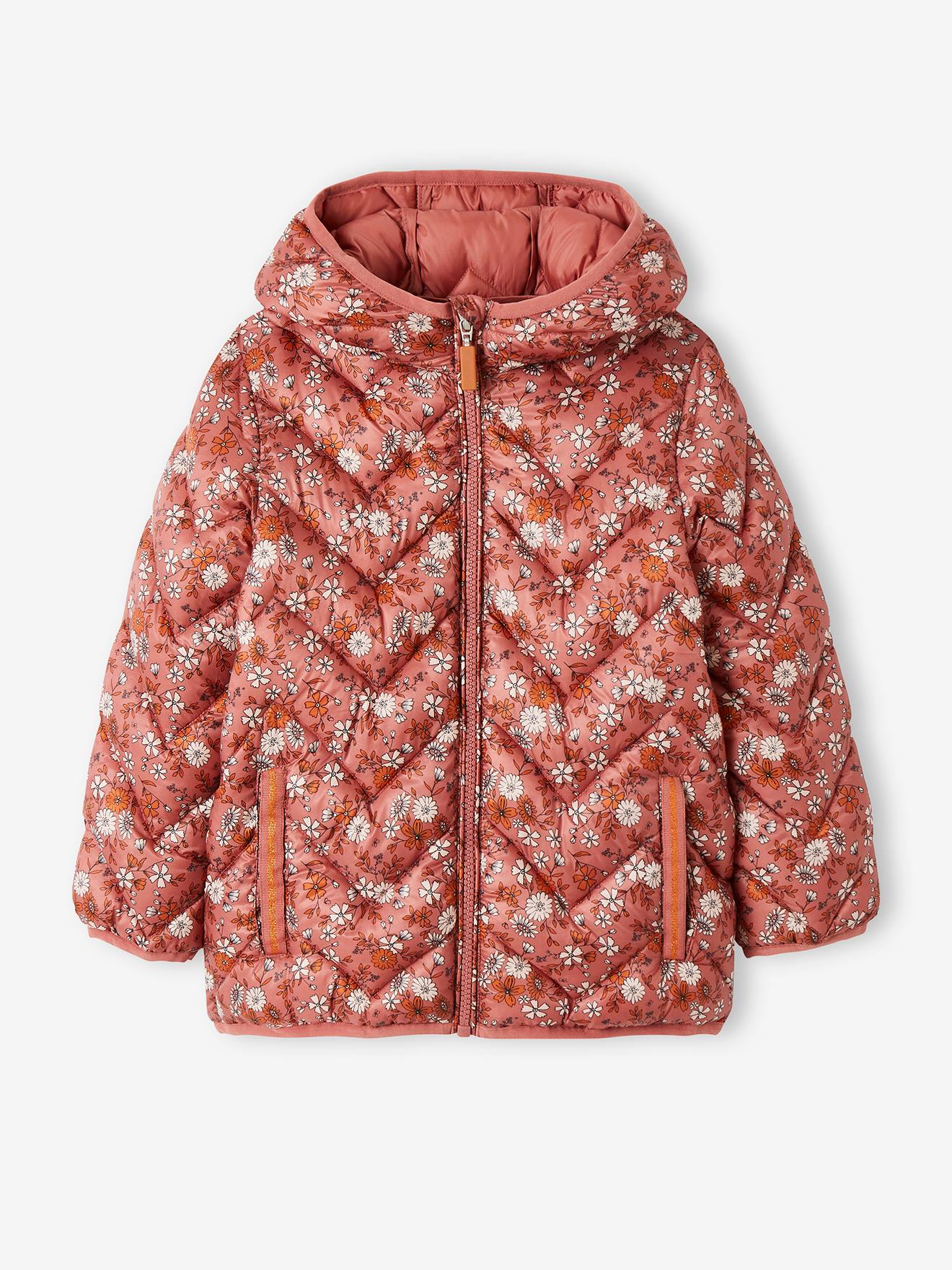 Jaqueta acolchoada leve com capuz e detalhes iridescentes, para meninas, estampa amarela tamanho médio.