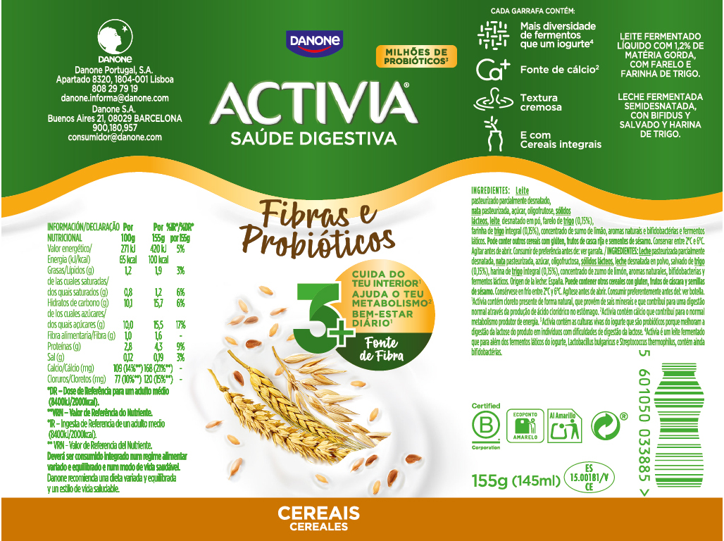 BIFIDUS DANONE ACTIVIA LÍQUIDO FIBRAS E CEREAIS 4X155G