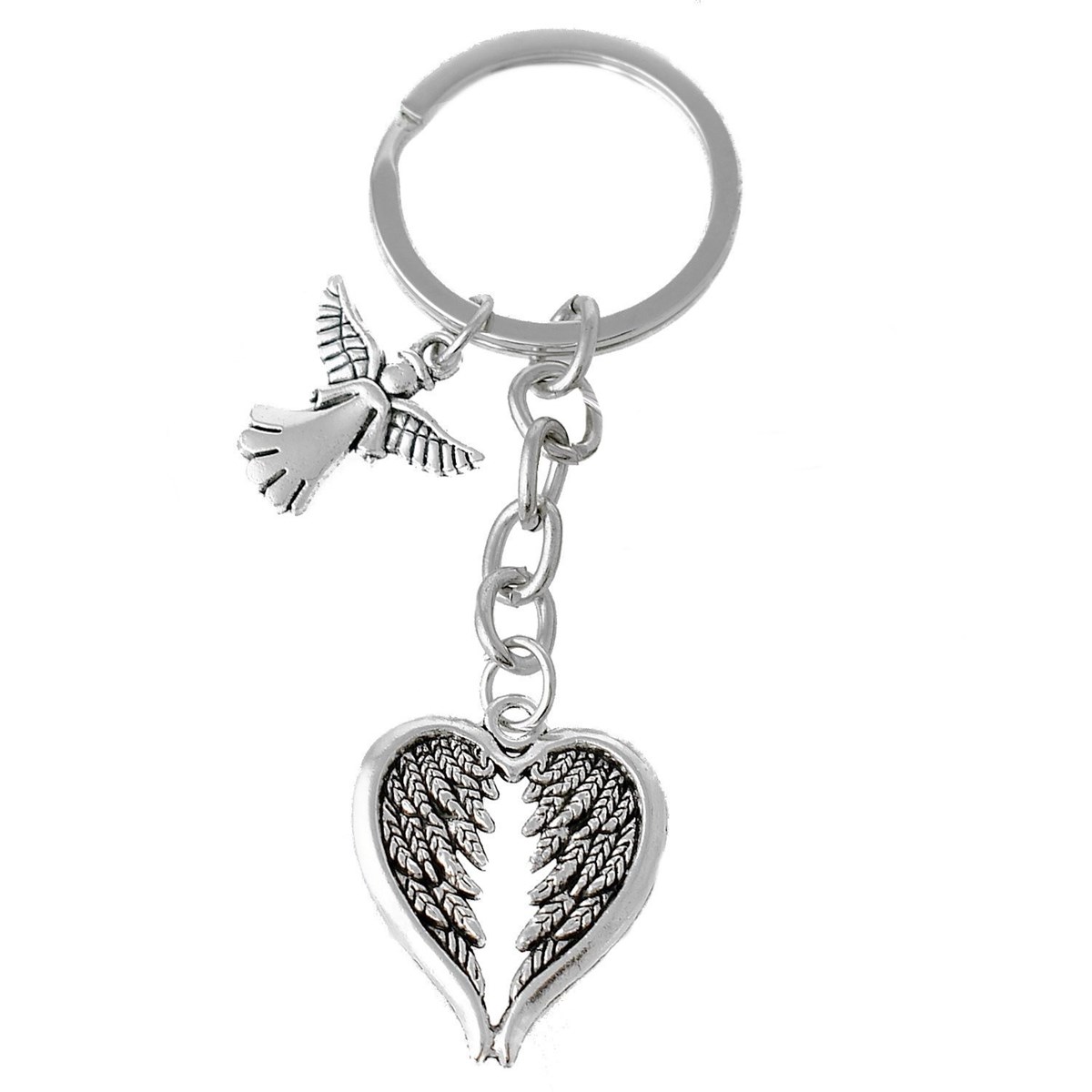 Porte-clés ange et ailes en forme de coeur argenté