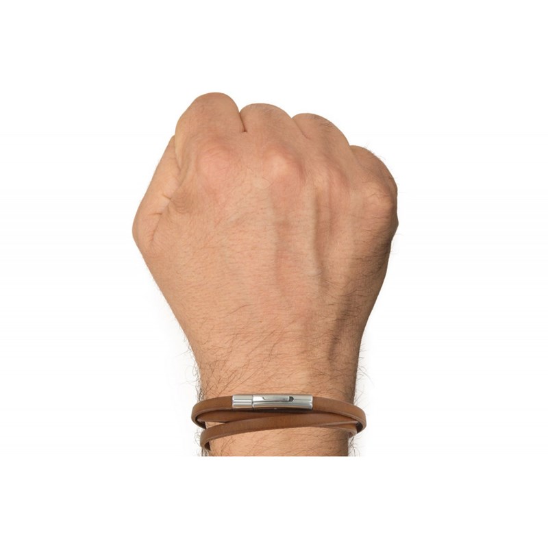 Bracelet Homme Cuir Marron Clair Plat Fermoir Acier Inoxydable - taille 19 cm
