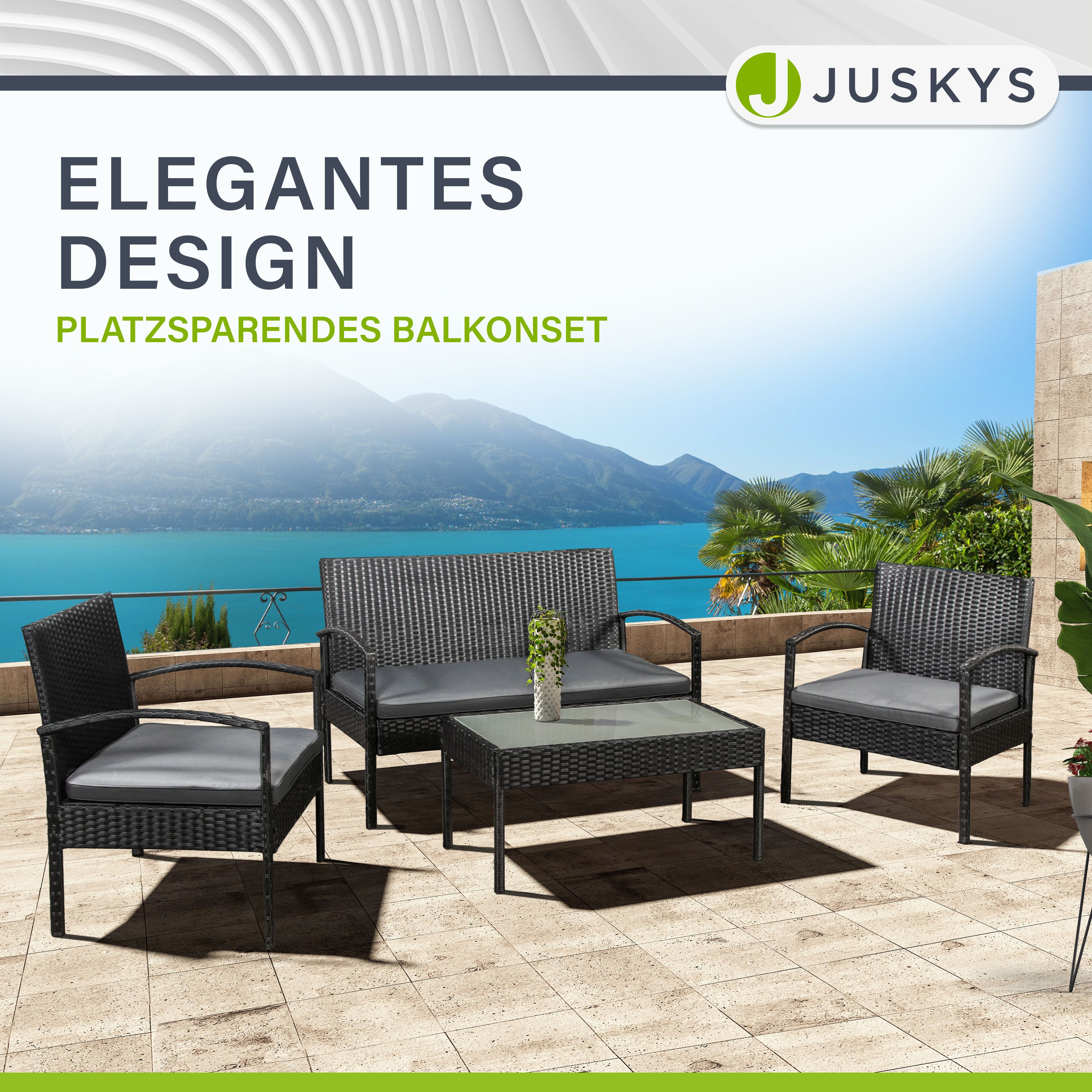 Juskys Polyrattan Balkonmöbel Trinidad schwarz, 4 Personen - Tisch, Bank, 2 Stühle, graue Auflagen