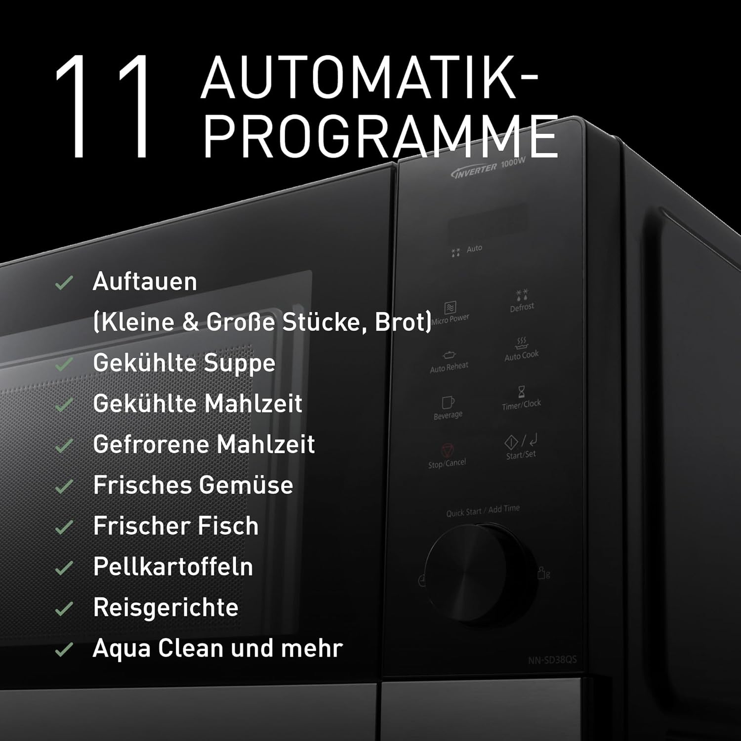 Panasonic NN-SD38QSEPG 29L Solo-Mikrowelle, 1000 W, automatisches Auftauen, 11 automatische Programme, Timer, Schwarz & Edelstahl