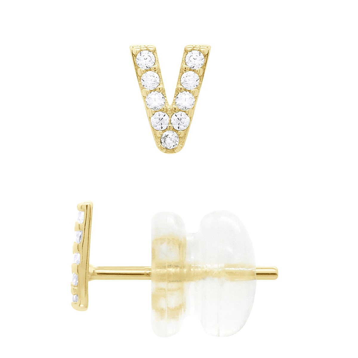 Boucles d'Oreilles Puces - Initiale Lettre V Serties d'Oxydes de Zirconiums - Or Jaune