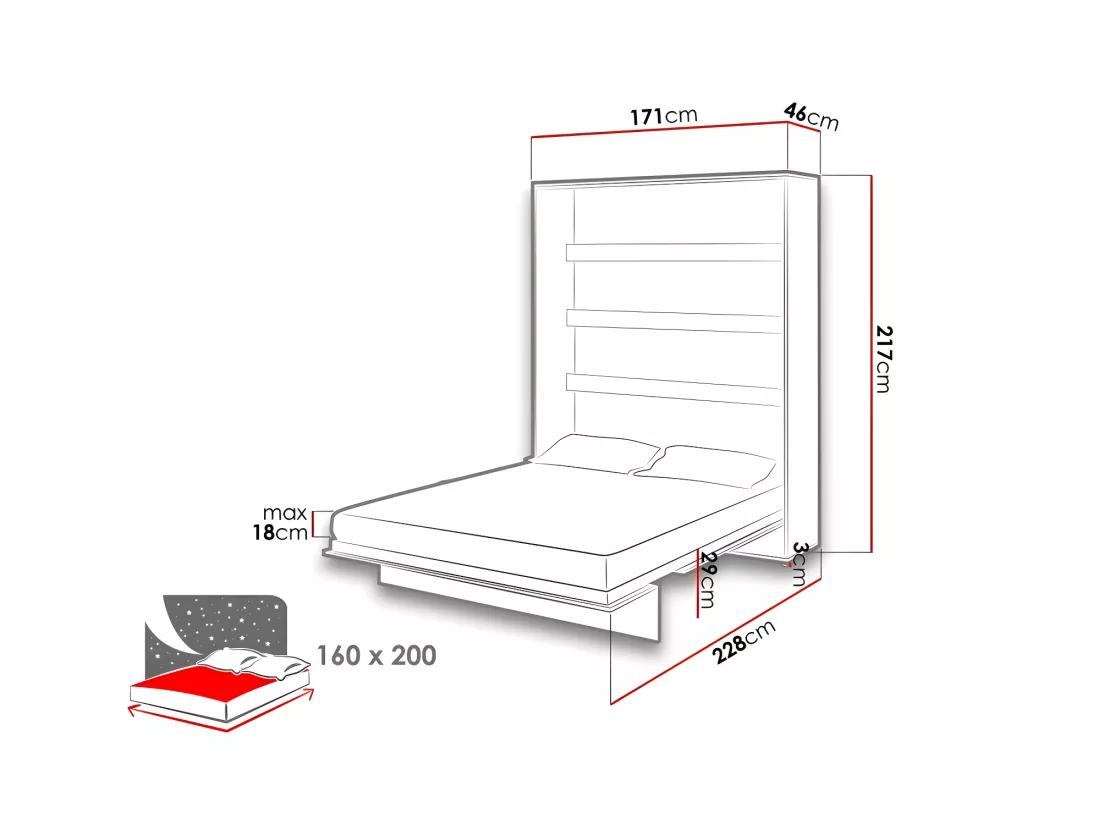 Lenart Lit escamotable MATELAS inclus Vertical 160x200cm Blanc brillant Lit Rabattable