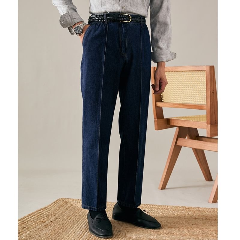 Zentrus - Mid Rise Washed Cropped Straight Leg Jeans / Effen Broek