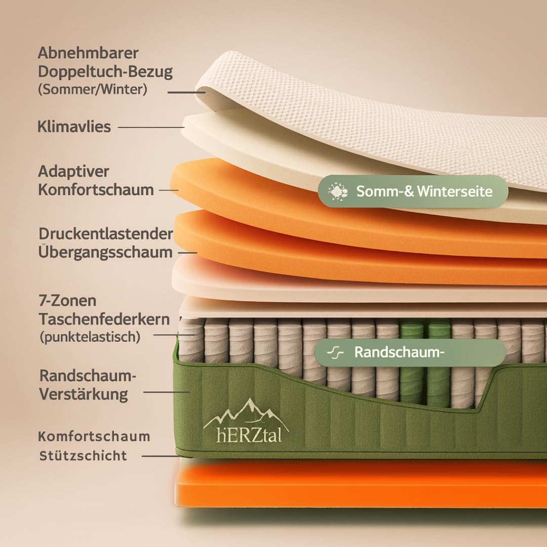7-Zonen Taschenfederkernmatratze 90x190 cm – 18 cm hoch, All in One, punktelastisch & atmungsaktiv, Sommer-/Winterseite, Bezug abnehmbar & 60 °C waschbar, Zertifiziert