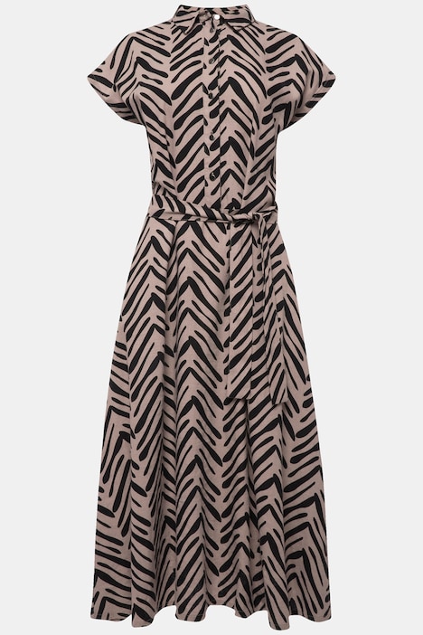 Leinenmix-Kleid, Zebra-Stil Print, Hemdkragen, Taillengürtel, Halbarm