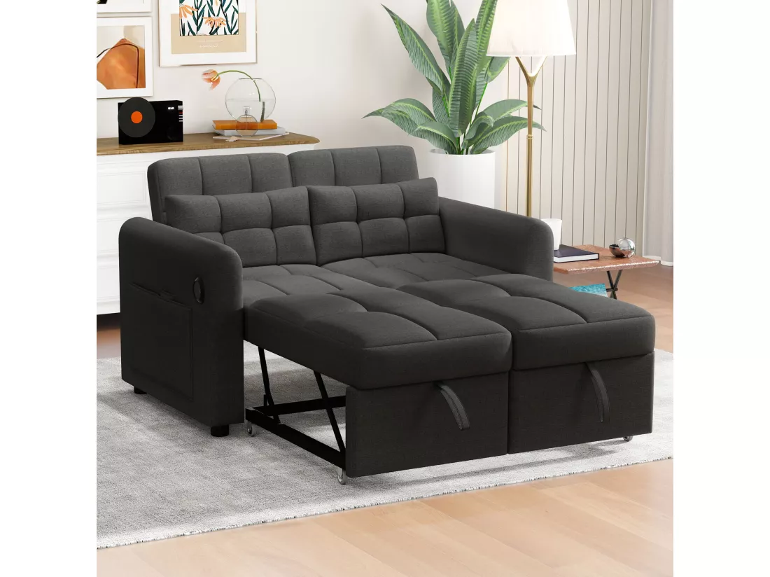 Canapé convertible 2 places en tissu lin avec dossier réglable et prise USB, canapé-lit - 142 x 85 x 83 cm - Fonction sommeil - Gris