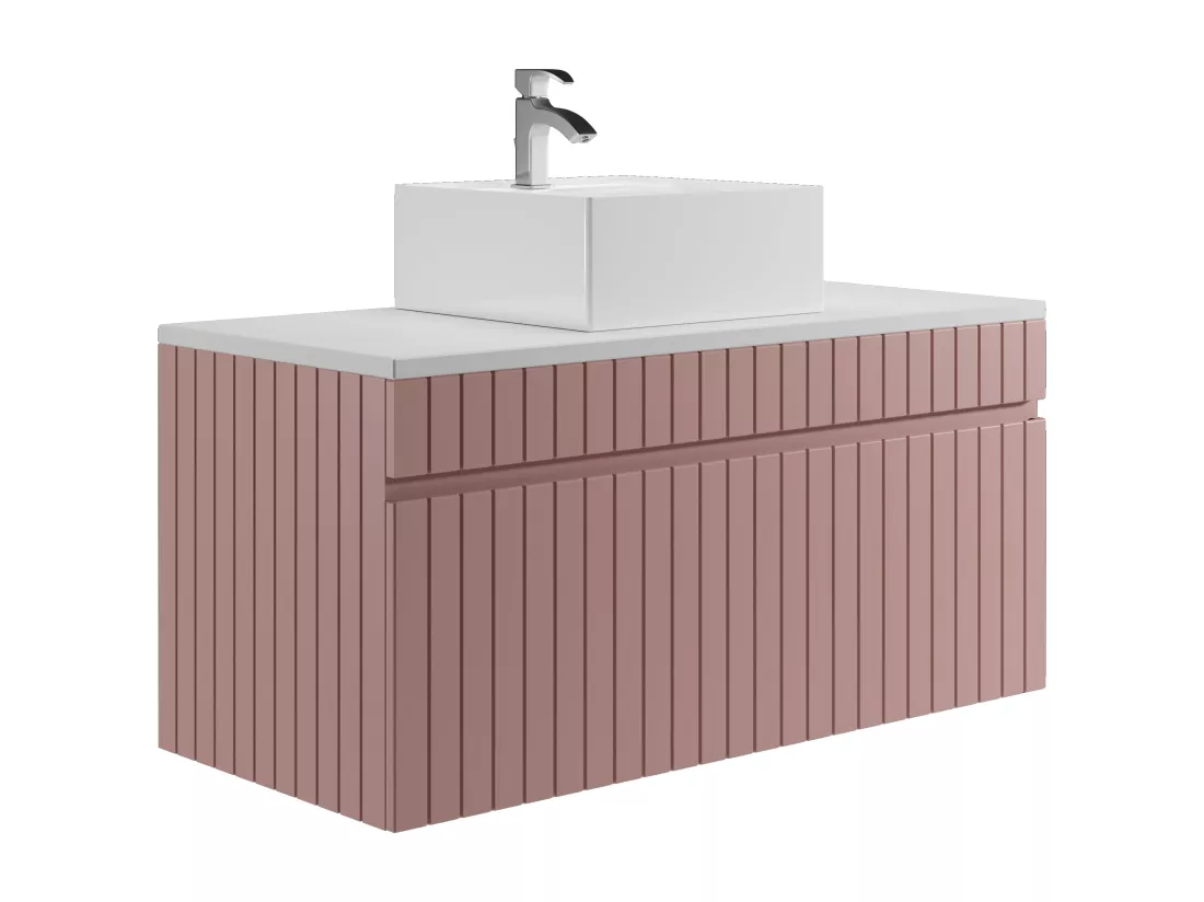 Meuble de salle de bain suspendu strié rose avec vasque à poser - 100 cm - SATARA