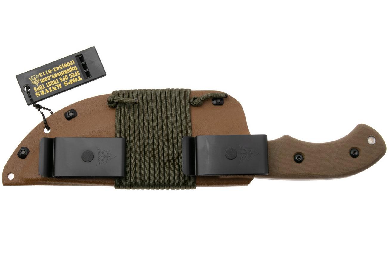 TOPS Knives TBT01-TAN Tom Brown Tracker #1 Large TBT01-TAN Coyote Tan 1095, Green Canvas Micarta, survivalmes, Tom Brown design