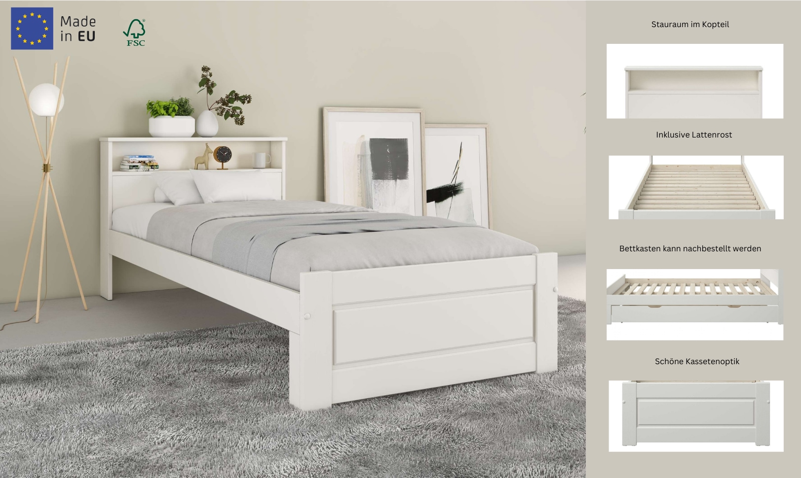 Home affaire Massivholzbett »FLAVION, TOPSELLER! Jugendbett, FSC® zertifizierte massive Kiefer« Breite: 90, 140, 180,  Qualitätsprodukt, Regal, Kassettenoptik, Schublade optional