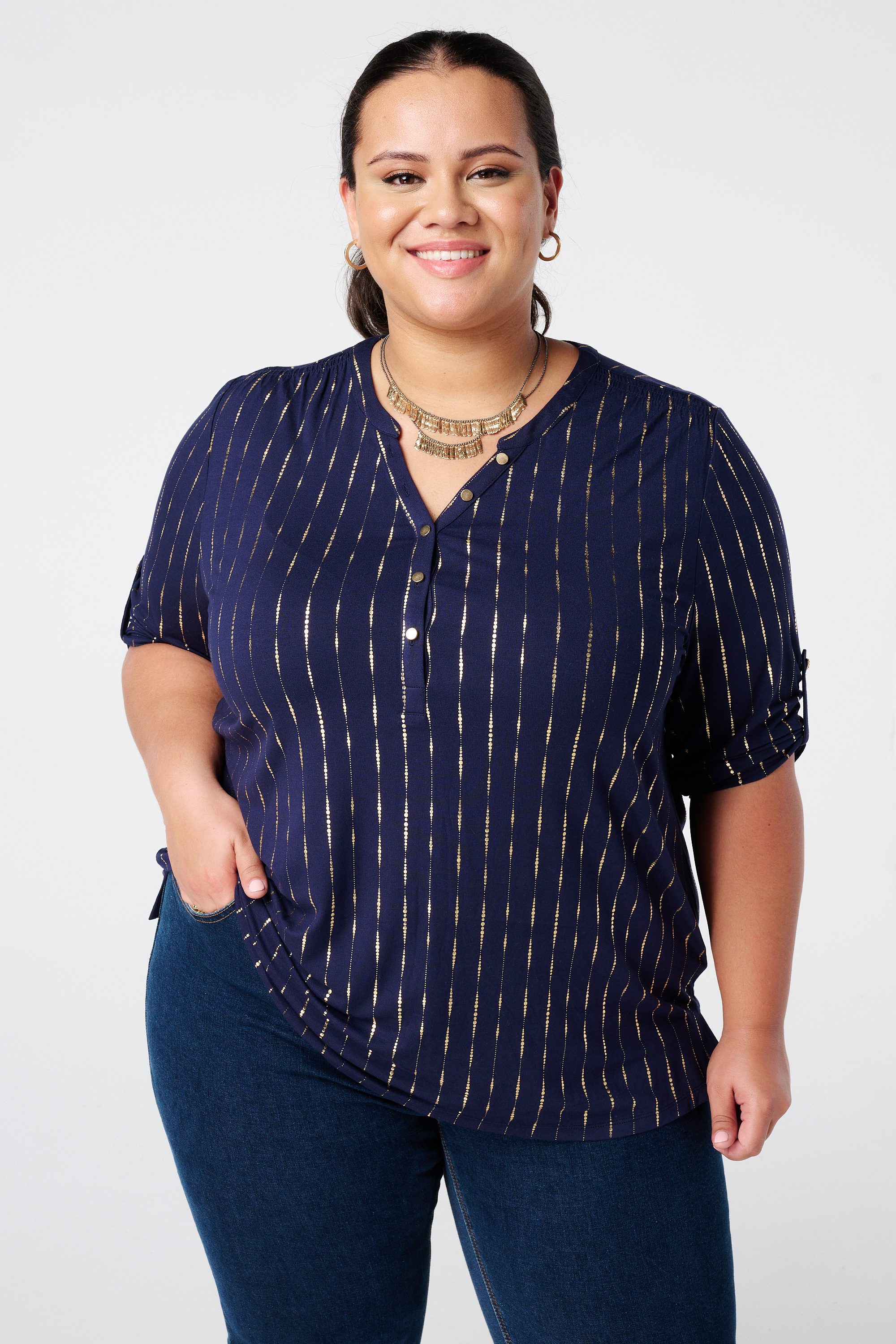 Top met print en foil print Navy blauw