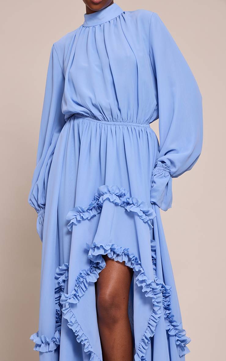 Bleu Robe Longue En Mousseline À Col Montant Avec Détails À Volants