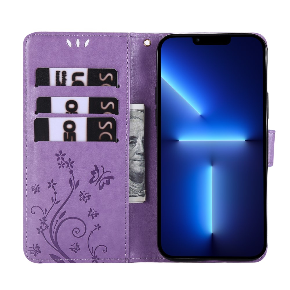 iPhone 13 Pro Leder Tasche mit Kartenfach   Handschlaufe Butterfly Flowers - Lila