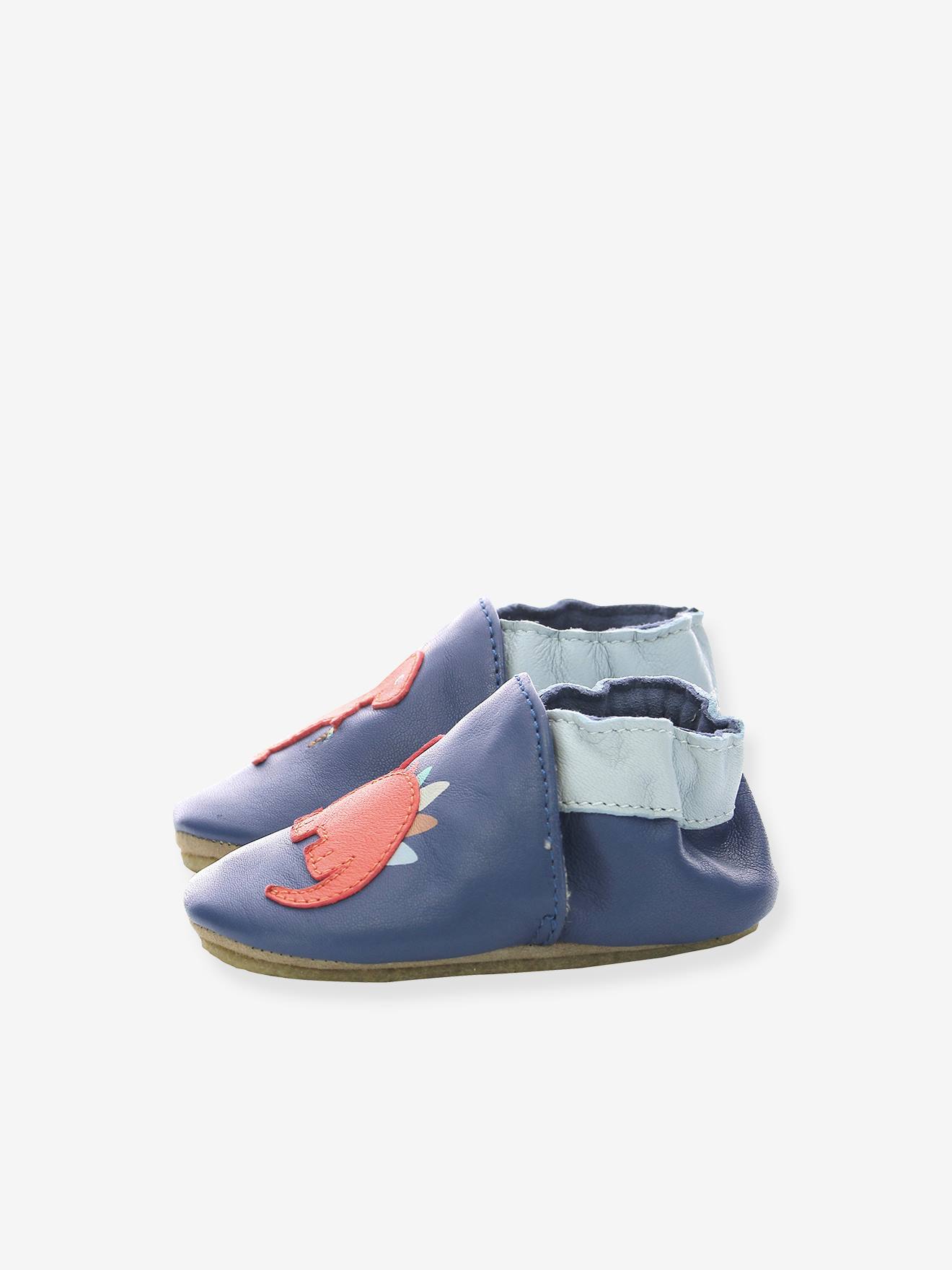 Pantufas de bebê ROBEEZ© Dino Time em couro leve, azul escuro liso com estampas.