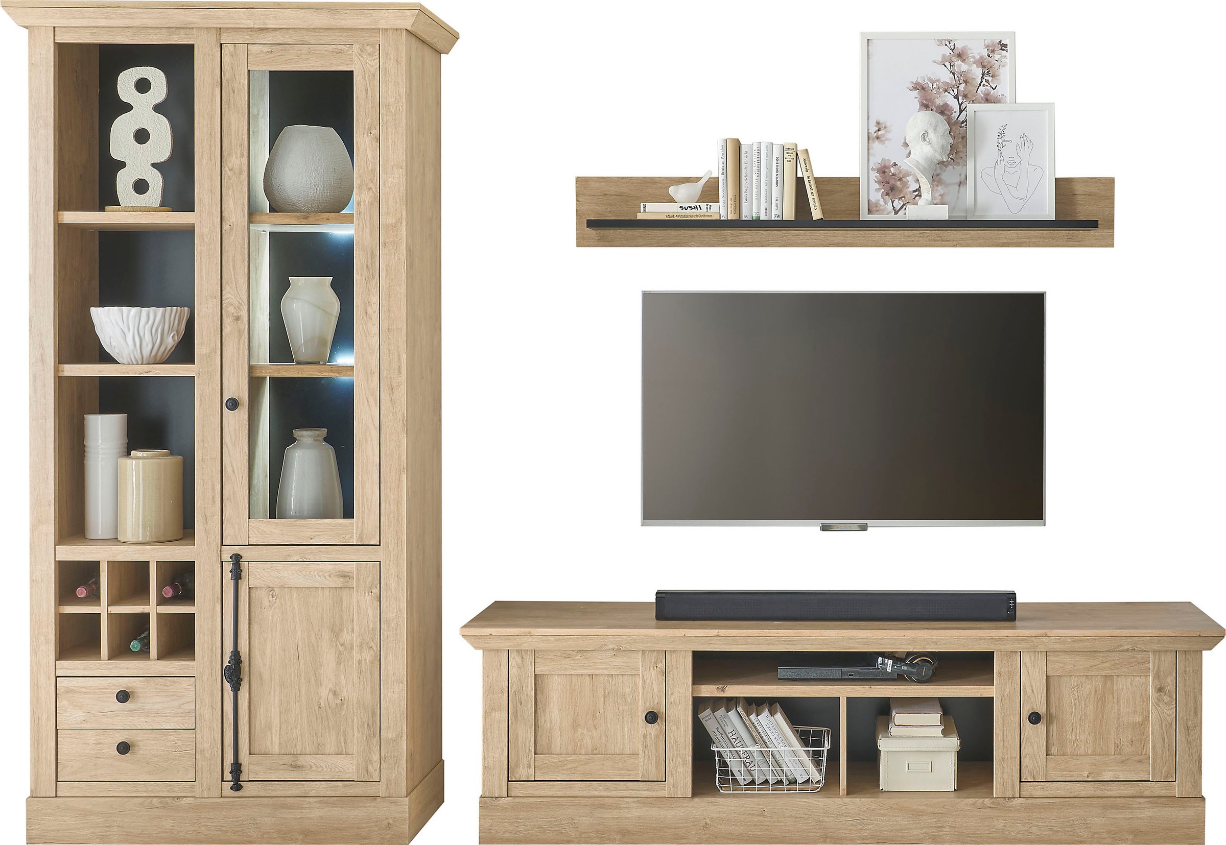 Home affaire Wohnwand »Cornwall, Anbauwand im Landhausstil, Wohnzimmer-Set, in Eiche Dekor« Set, 3 Stk. tlg.