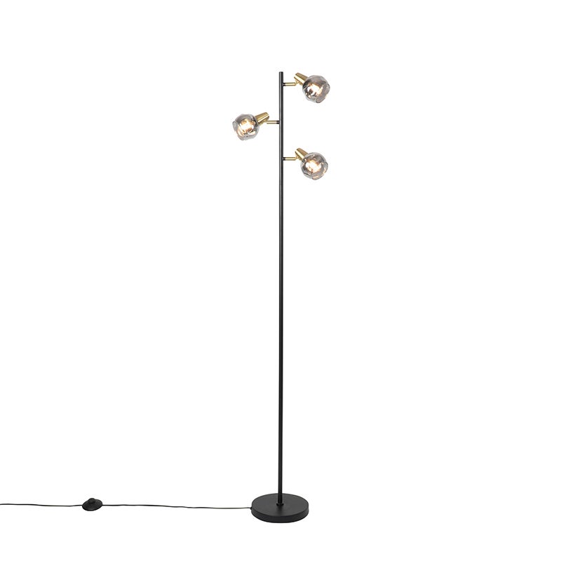 QAZQA - Art Deco vloerlamp | Staande lamp | Vloerlamp | Lamp | Licht, zwart en goud | Messing met gerookt glas, 3-lichts - Vidro | Woonkamer | Slaapkamer - Staal, langwerpig - LED-compatibel