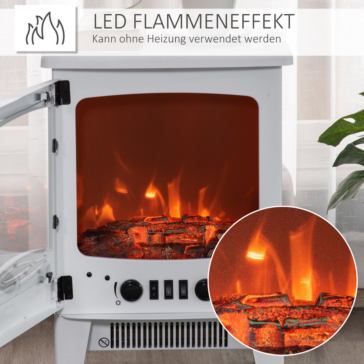 HOMCOM LED elektrische haard met vlameffect, 900/1800W, 39 x 26 x 54,8 cm, metaal, ABS-kunststof, glas, wit