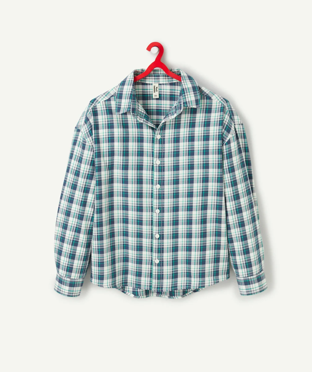 CHEMISE À CARREAUX MANCHES LONGUES GARÇON EN COTON BIO BLEUE ET VERTE