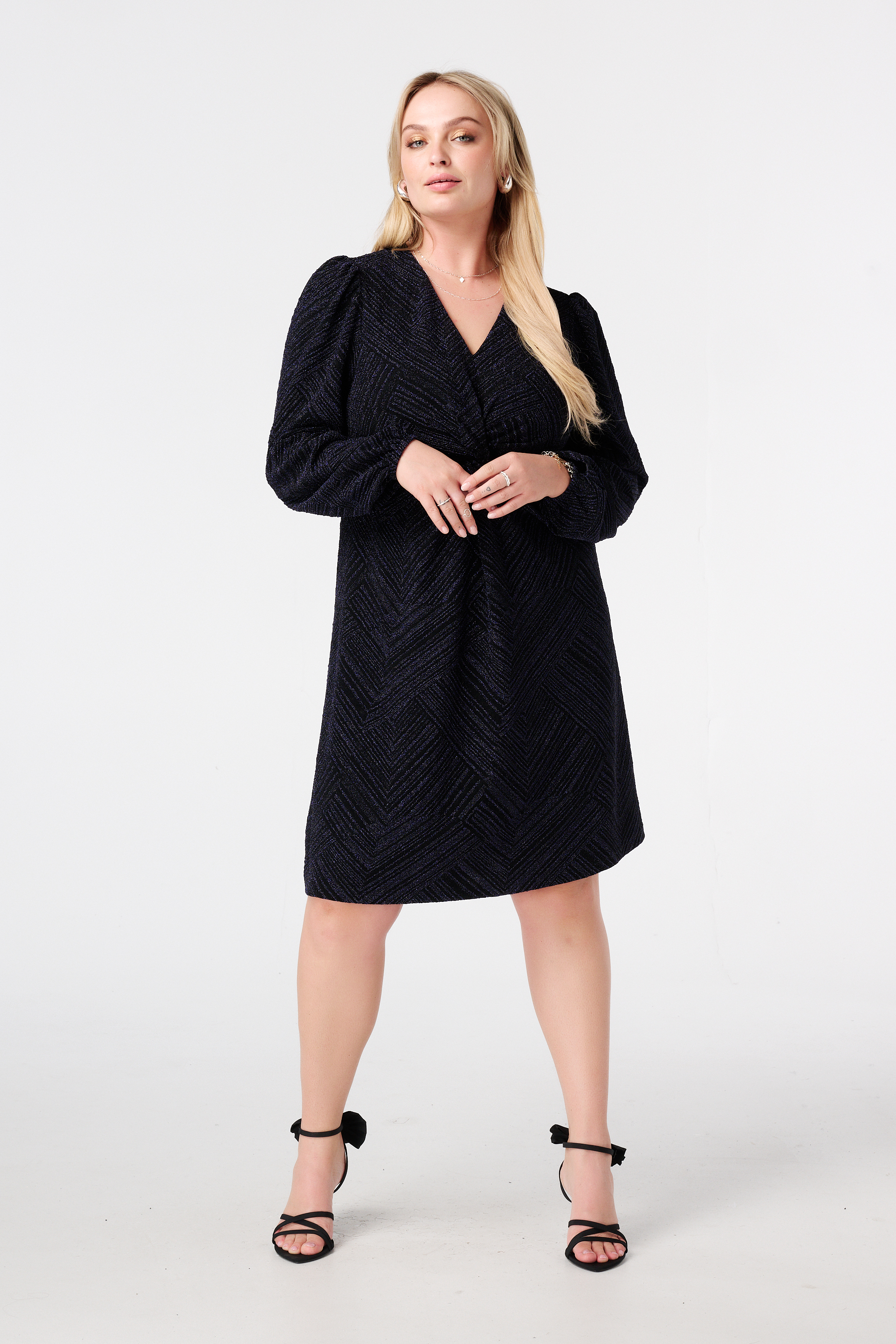 Lurex jurk met knoopdetail Navy blauw