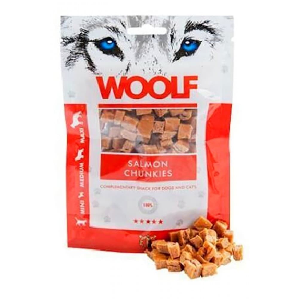 Woolf Salmon Chunkies 100g<br>Naturlig og proteinrik! Zip-lås pose