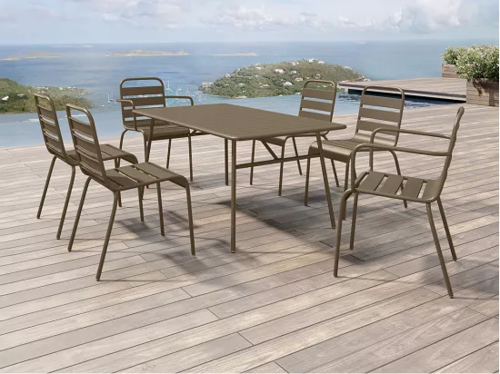 Salle à manger de jardin en métal - une table L.160 cm avec 2 fauteuils empilables et 4 chaises empilables - Taupe - MIRMANDE de MYLIA