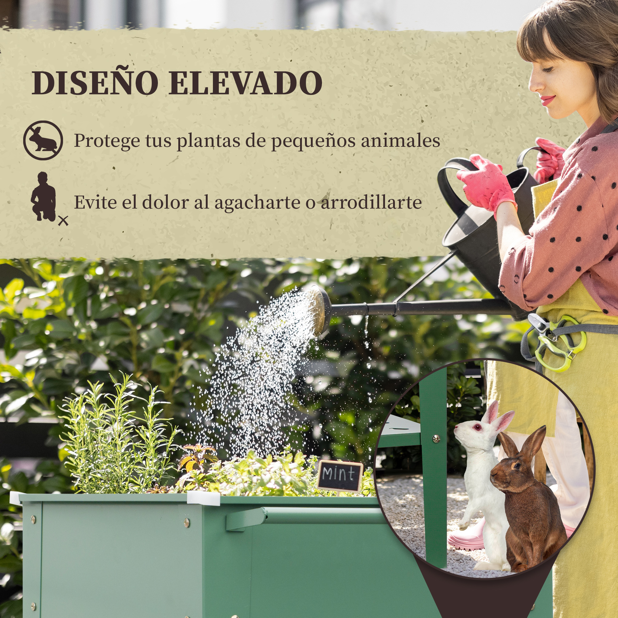 Jardim urbano elevado Outsunny com rodas, floreira externa em aço galvanizado 64x55x79 cm com prateleira e alça lateral para cultivo de plantas, flores e vegetais (verde)
