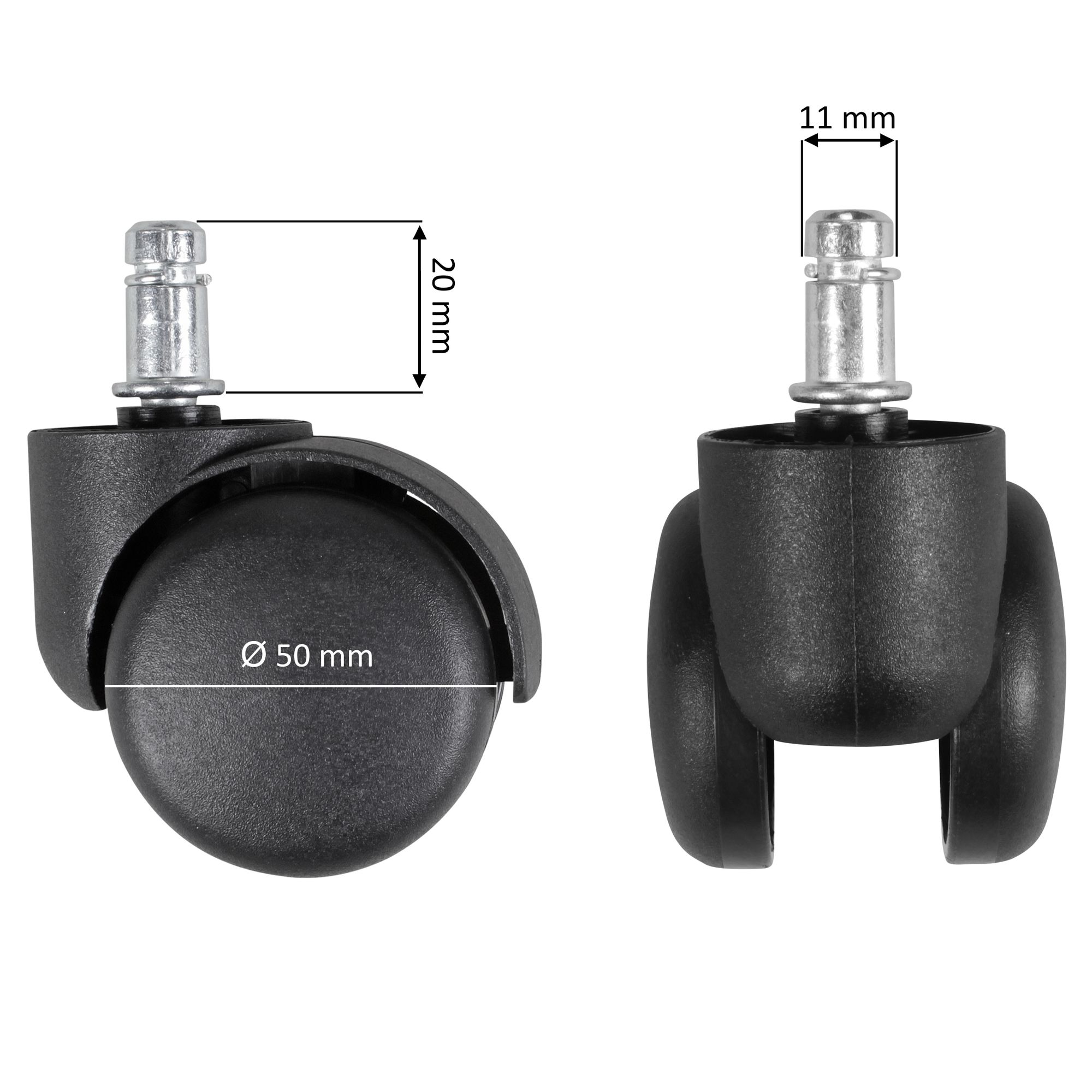 KADIMA DESIGN Gebremste Bürostuhlrollen für Teppichböden: 5er Set, 50 mm Durchmesser, Kunststoff, geeignet für Teppich/Filz.