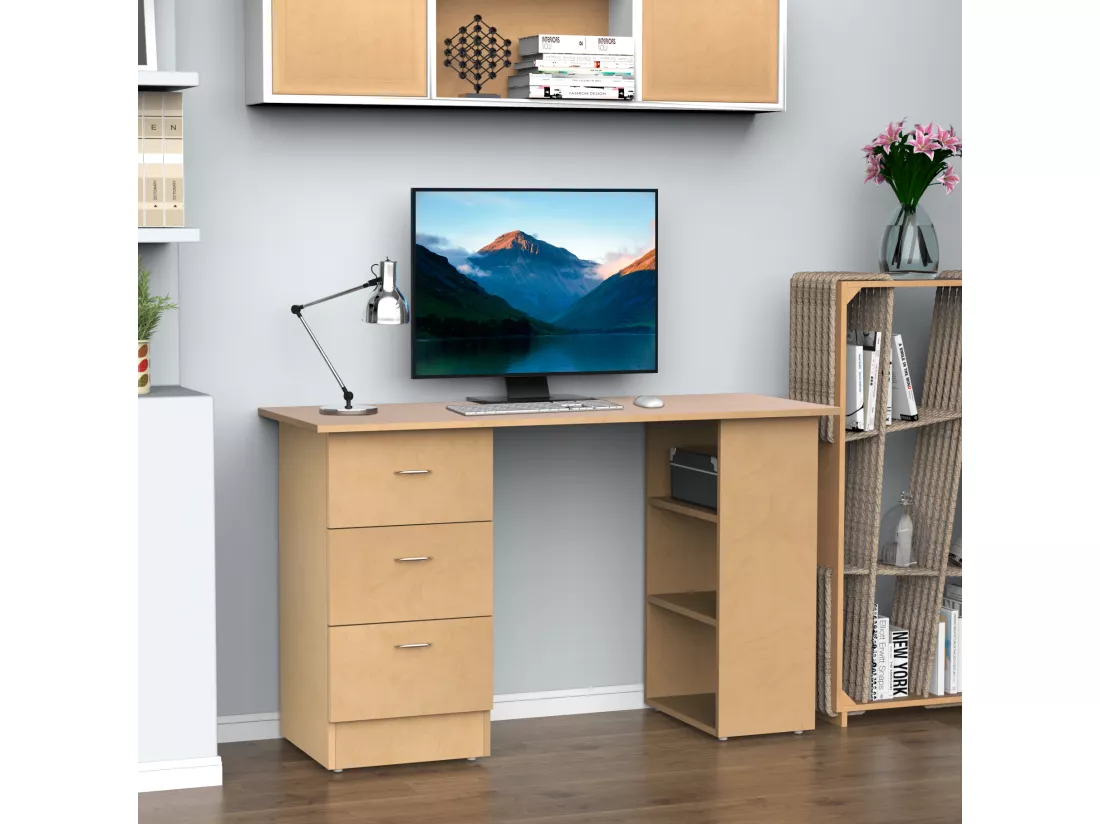 Bureau informatique table multi-fonctions 3 tiroirs 2 étagères dim. 120L x 49l x 72H cm MDF aspect bois clair